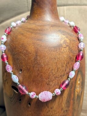 Handcrafted Pink Bead Necklace - Elegant Floral Glass and Resin Beads